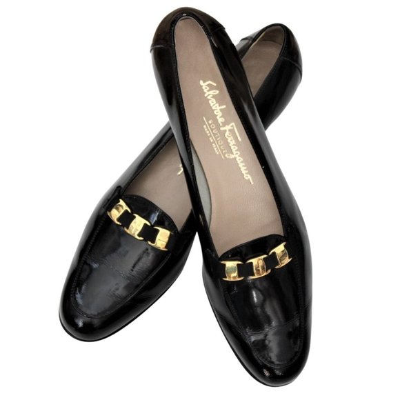 VTG Salvatore Ferragamo Loafer Black Patent Leather Gold Chain Accent Size 10 4A - Picture 2 of 12